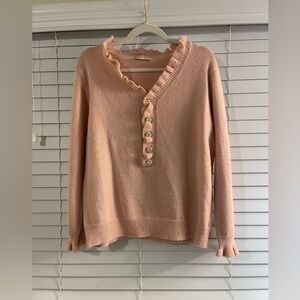 Elegant Peach V-Neck Sweater with Ruffles